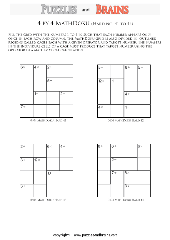 printable 4 by 4 difficult level Mathdoku, KenKen-like, math puzzles for young and old