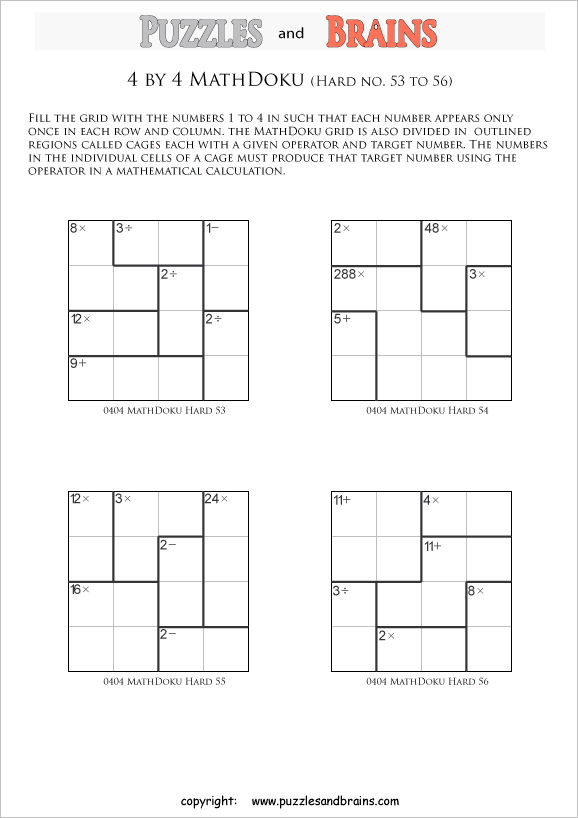 printable 4 by 4 difficult level Mathdoku, KenKen-like, math puzzles for young and old