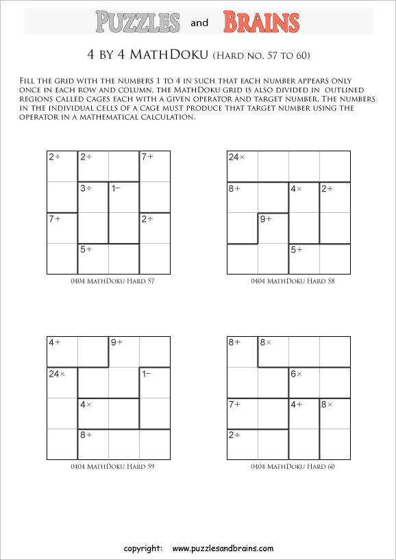 printable 4 by 4 difficult level Mathdoku, KenKen-like, math puzzles for young and old