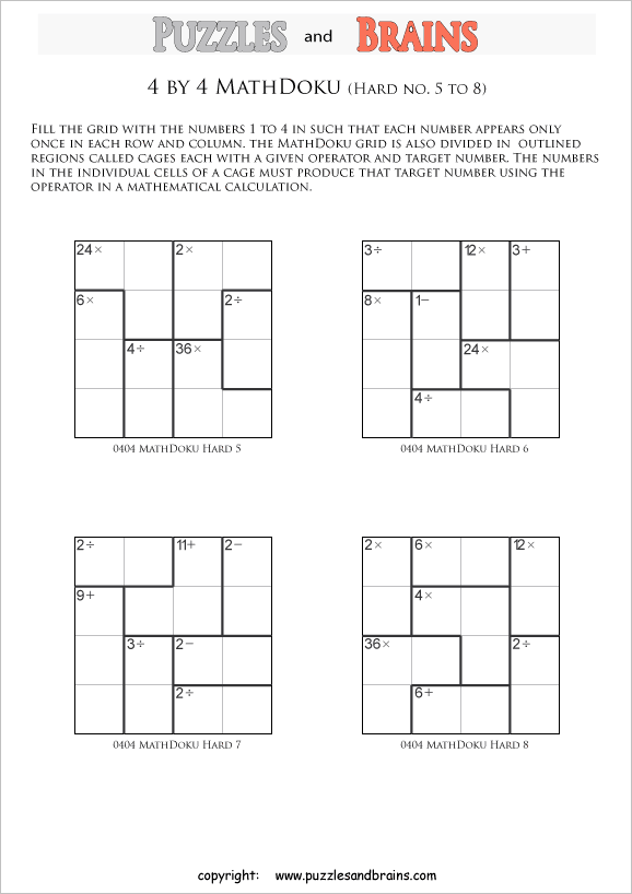 printable 4 by 4 difficult level Mathdoku, KenKen-like, math puzzles for young and old