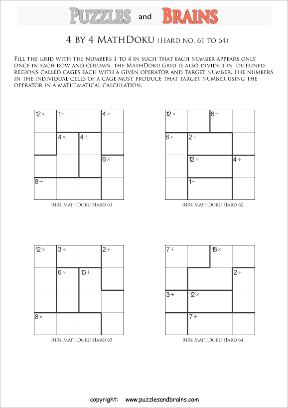 printable 4 by 4 difficult level Mathdoku, KenKen-like, math puzzles for young and old