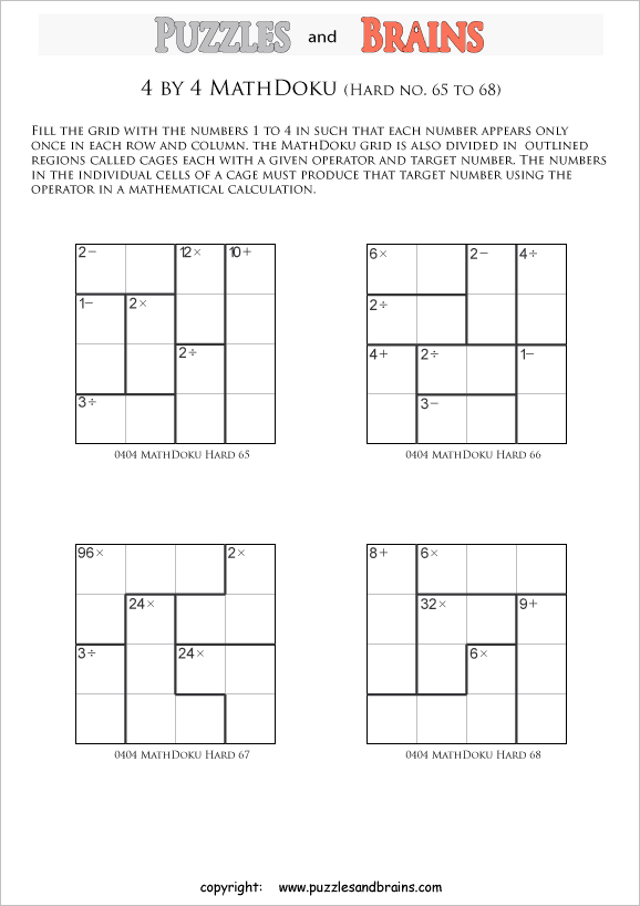 printable 4 by 4 difficult level Mathdoku, KenKen-like, math puzzles for young and old