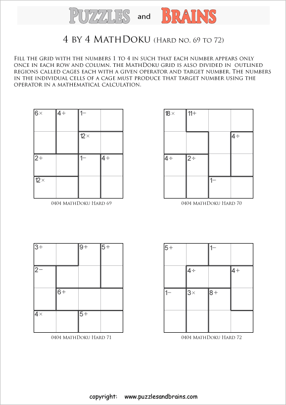 printable 4 by 4 difficult level Mathdoku, KenKen-like, math puzzles for young and old