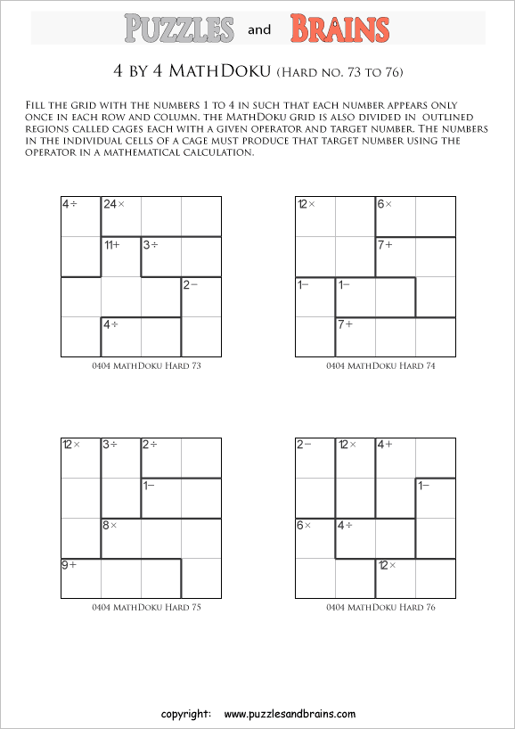 printable 4 by 4 difficult level mathdoku kenken like math puzzles