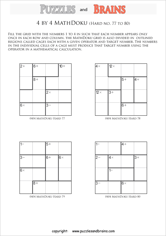 printable 4 by 4 difficult level Mathdoku, KenKen-like, math puzzles for young and old