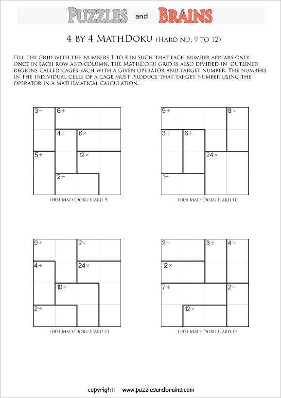 printable 4 by 4 difficult level Mathdoku, KenKen-like, math puzzles for young and old