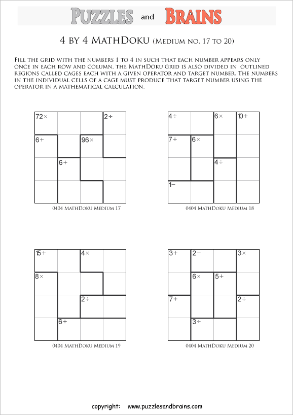 printable 4 by 4 medium level Mathdoku, KenKen-like, math puzzles for young and old