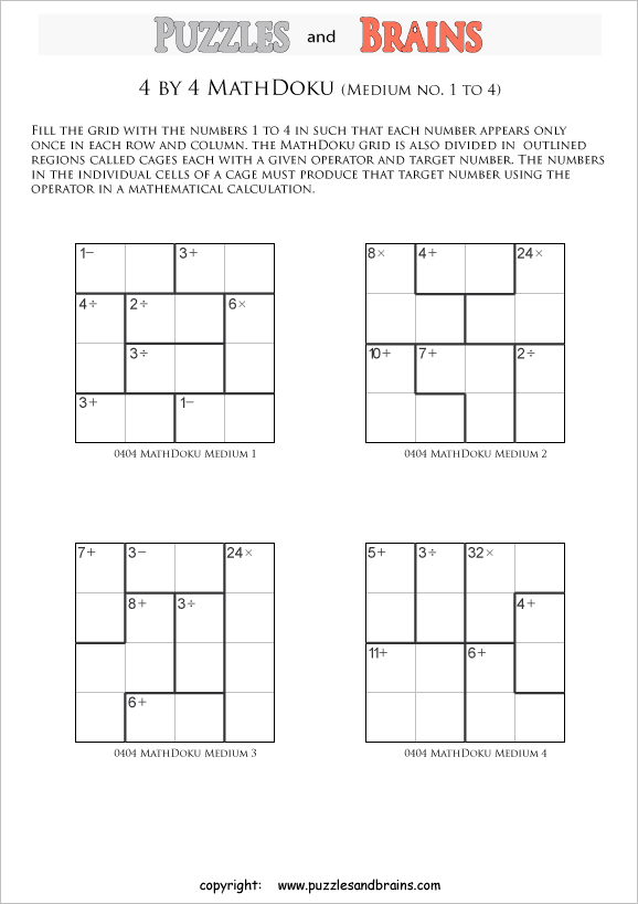 printable 4 by 4 medium level Mathdoku, KenKen-like, math puzzles for young and old