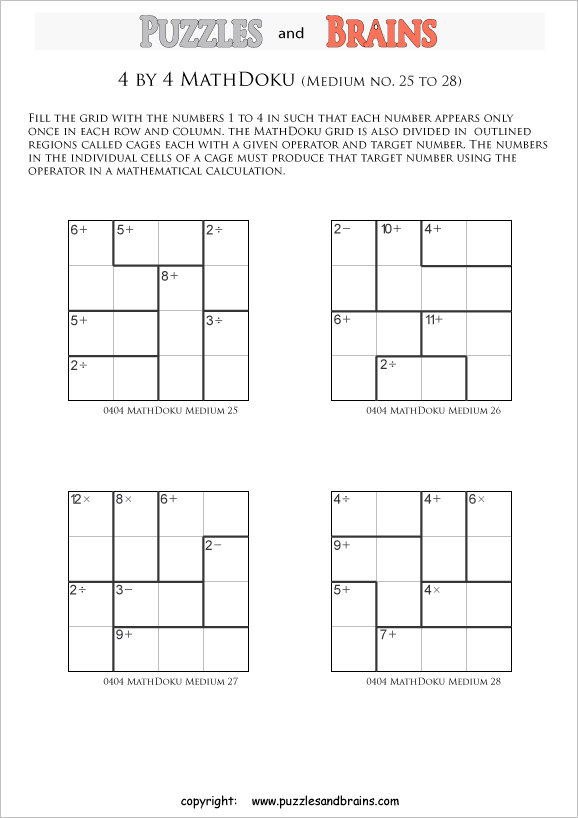 printable 4 by 4 medium level Mathdoku, KenKen-like, math puzzles for young and old