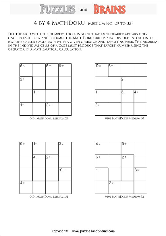 printable 4 by 4 medium level Mathdoku, KenKen-like, math puzzles for young and old