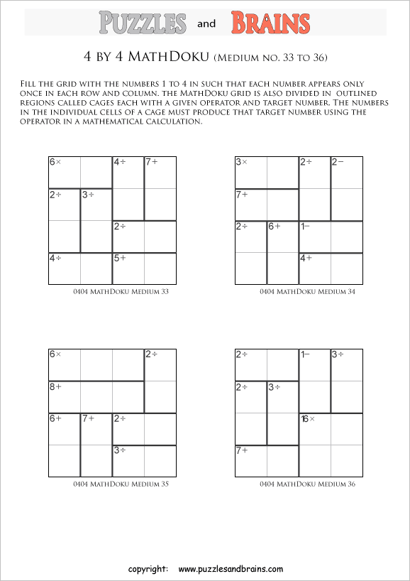 Printable 4 by 4 medium level MathDoku, KenKen like, math puzzles for kids