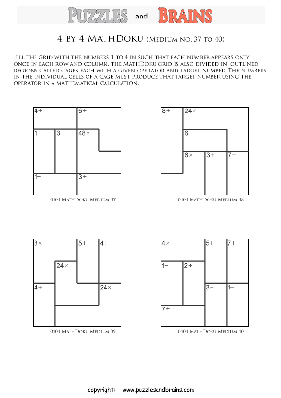 printable 4 by 4 medium level Mathdoku, KenKen-like, math puzzles for young and old