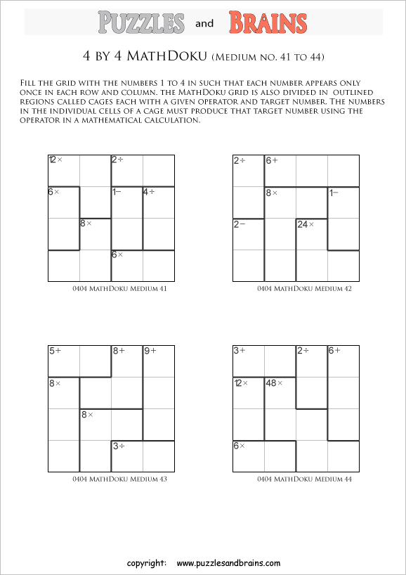 printable 4 by 4 medium level Mathdoku, KenKen-like, math puzzles for young and old