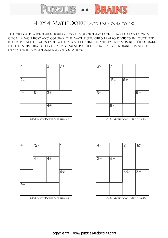 printable 4 by 4 medium level Mathdoku, KenKen-like, math puzzles for young and old