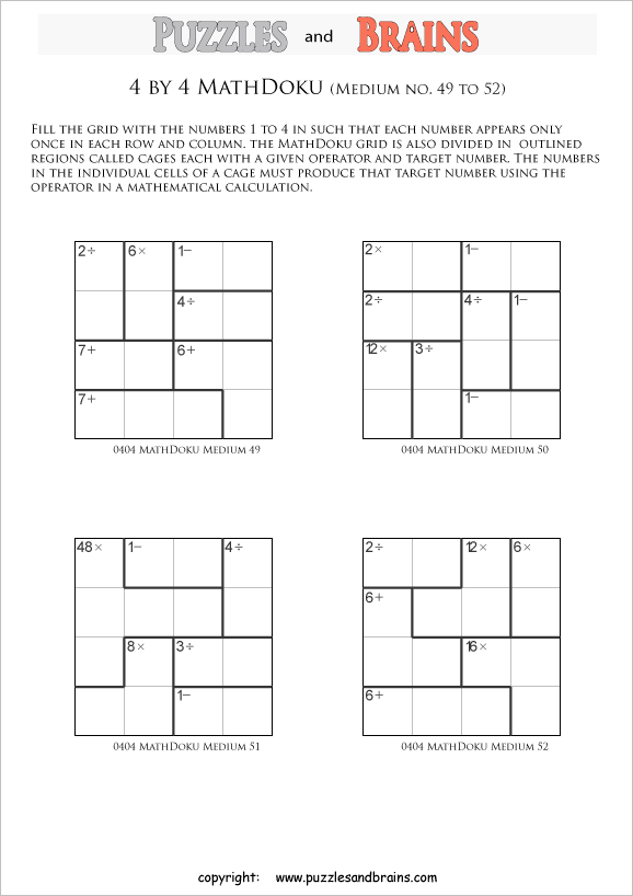 printable 4 by 4 medium level Mathdoku, KenKen-like, math puzzles for young and old