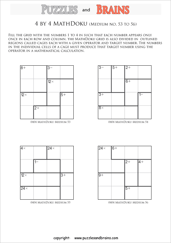 printable 4 by 4 medium level Mathdoku, KenKen-like, math puzzles for young and old