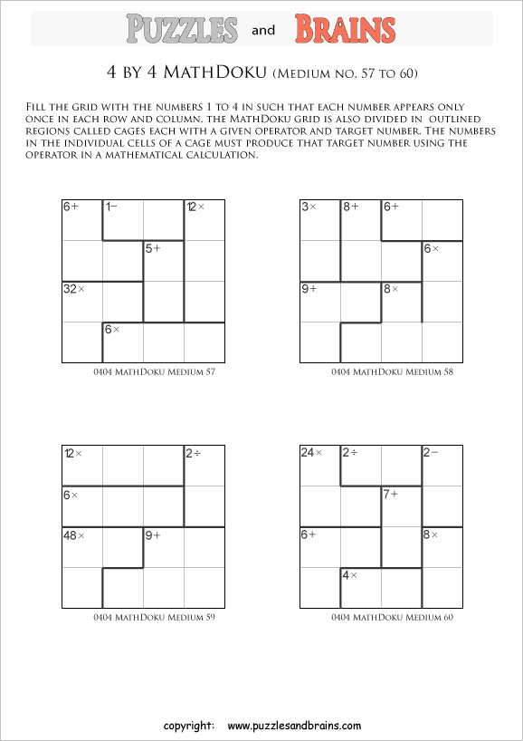 printable 4 by 4 medium level Mathdoku, KenKen-like, math puzzles for young and old