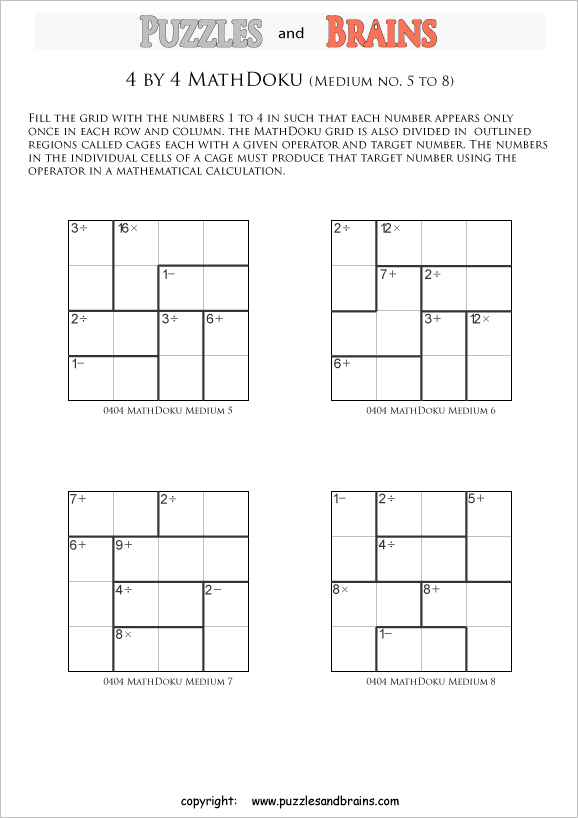 printable 4 by 4 medium level Mathdoku, KenKen-like, math puzzles for young and old