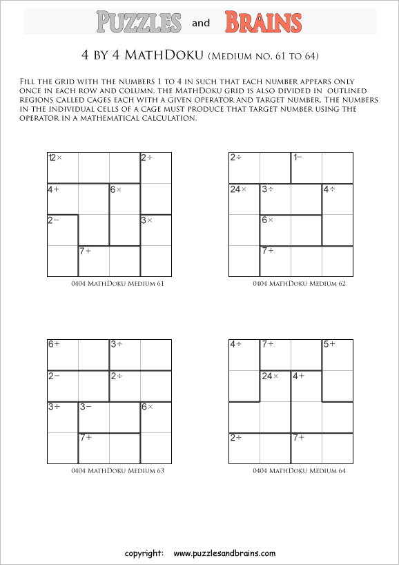 printable 4 by 4 medium level Mathdoku, KenKen-like, math puzzles for young and old