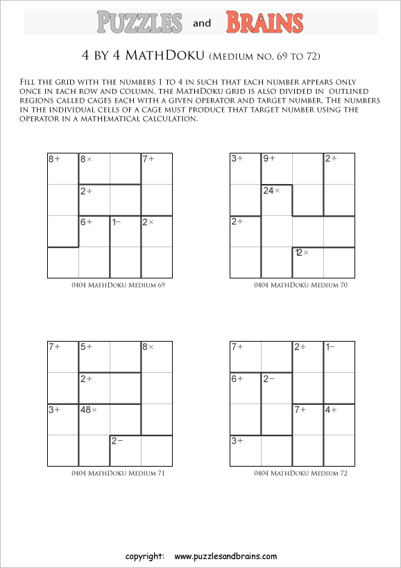 printable 4 by 4 medium level Mathdoku, KenKen-like, math puzzles for young and old