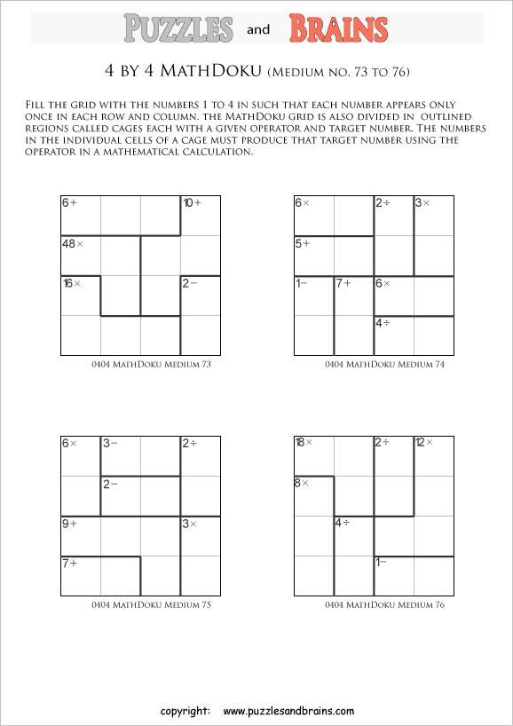 printable 4 by 4 medium level Mathdoku, KenKen-like, math puzzles for young and old