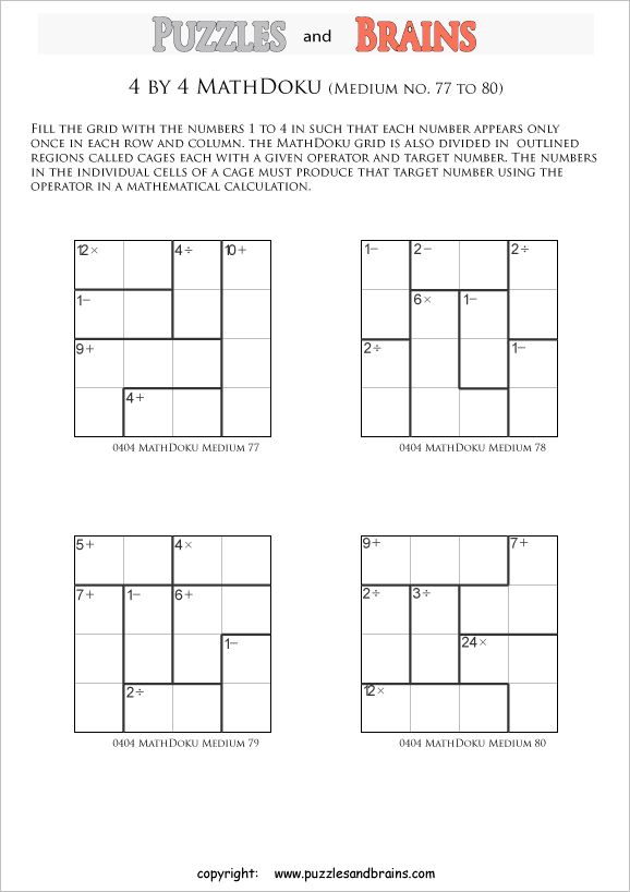 printable 4 by 4 medium level Mathdoku, KenKen-like, math puzzles for young and old