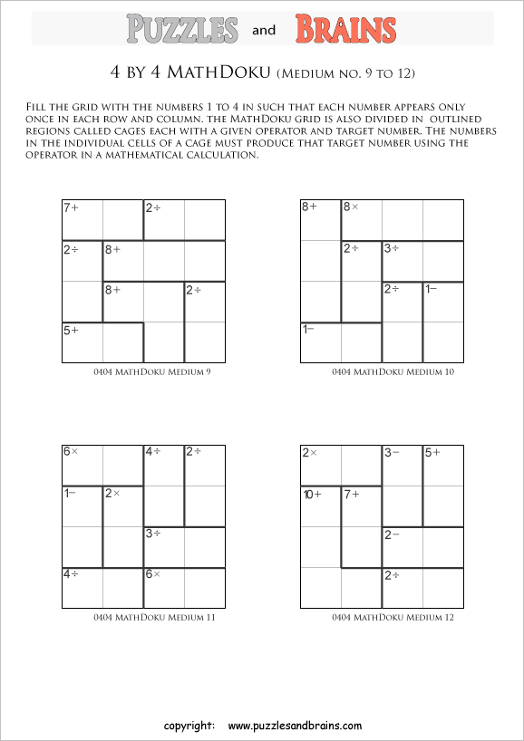 printable 4 by 4 medium level Mathdoku, KenKen-like, math puzzles for young and old