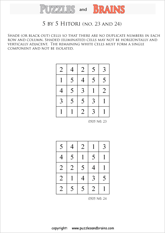 printable5 by 5 Hitori logic puzzles that will boost your IQ