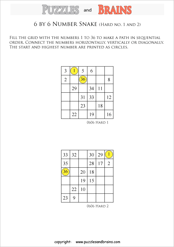 printable difficult 6 by 6 Hidato Number Snake puzzles for young and old