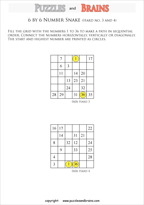 printable difficult 6 by 6 Hidato Number Snake puzzles for young and old