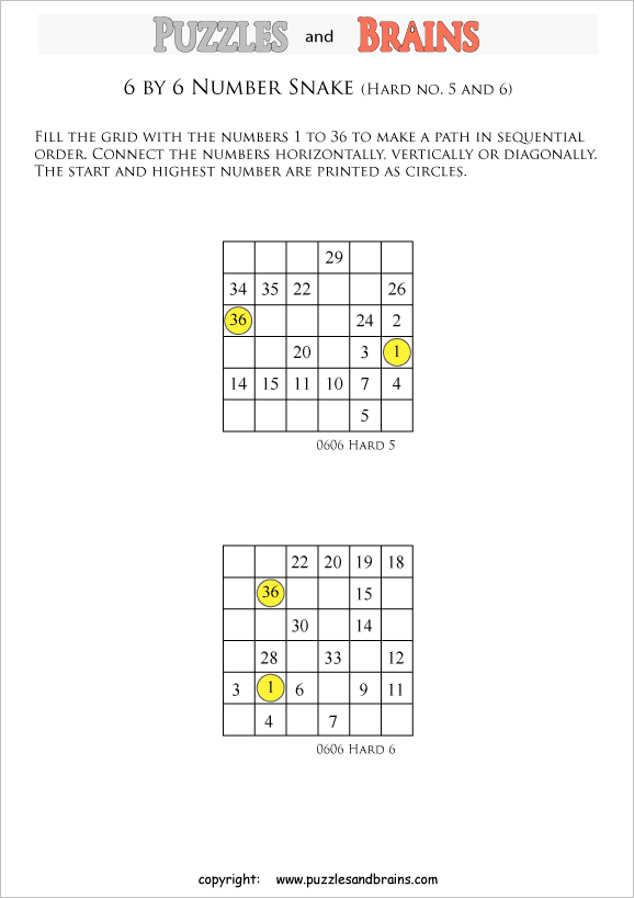 printable difficult 6 by 6 Hidato Number Snake puzzles for young and old