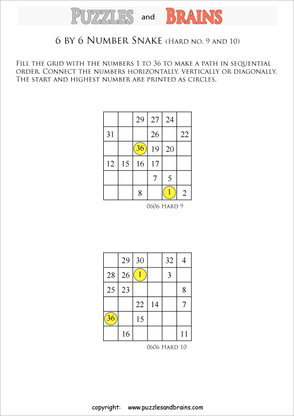 printable difficult 6 by 6 Hidato Number Snake puzzles for young and old