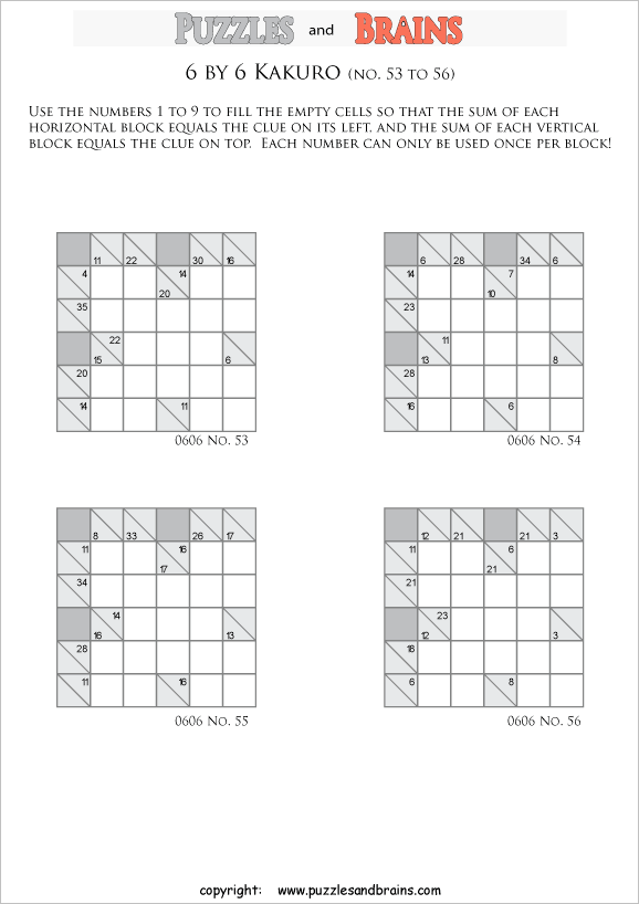 printable 6 by 6 math Kakuro puzzles for young and old math students