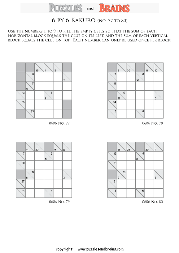 printable 6 by 6 math Kakuro puzzles for young and old math students