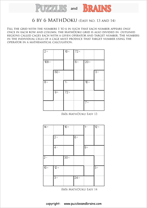 printable 6 by 6 easier level Mathdoku, KenKen-like, math puzzles for young and old