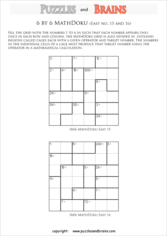 printable 6 by 6 easier level Mathdoku, KenKen-like, math puzzles for young and old