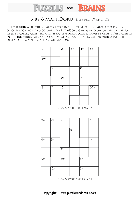 printable 6 by 6 easier level Mathdoku, KenKen-like, math puzzles for young and old