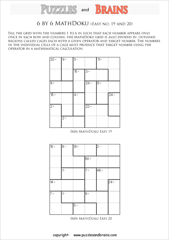 printable 6 by 6 easier level Mathdoku, KenKen-like, math puzzles for young and old