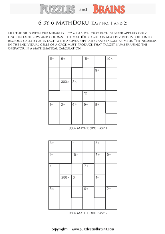 printable 6 by 6 easier level Mathdoku, KenKenlike, math puzzles for