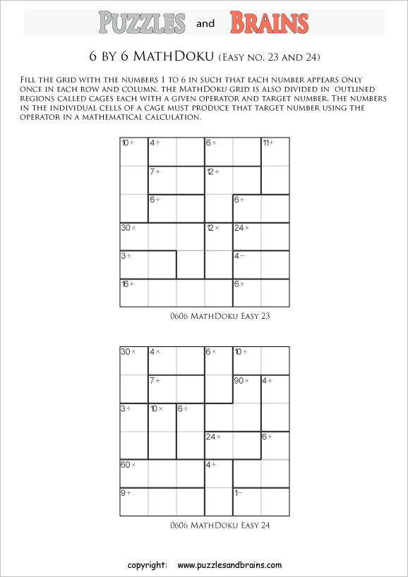 printable 6 by 6 easier level Mathdoku, KenKen-like, math puzzles for young and old