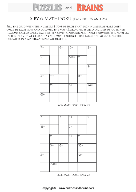 printable 6 by 6 easier level Mathdoku, KenKen-like, math puzzles for young and old