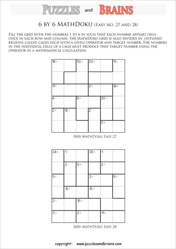 printable 6 by 6 easier level Mathdoku, KenKen-like, math puzzles for young and old