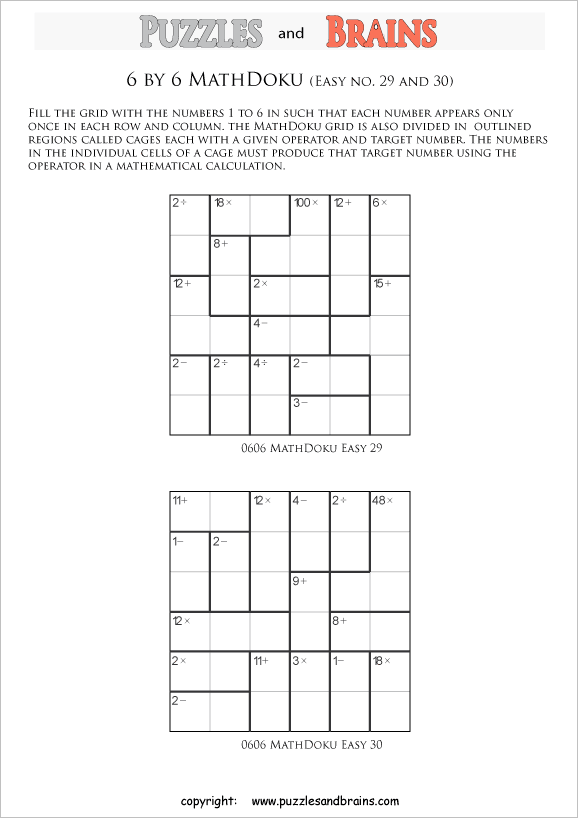 printable 6 by 6 easier level Mathdoku, KenKen-like, math puzzles for young and old