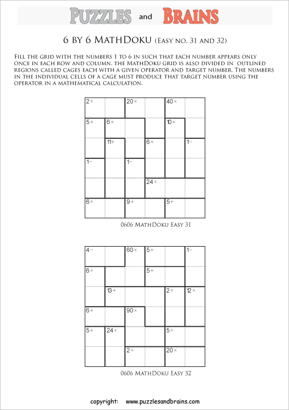 printable 6 by 6 easier level Mathdoku, KenKen-like, math puzzles for young and old