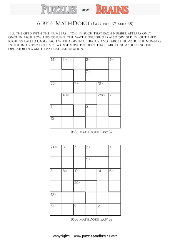 printable 6 by 6 easier level Mathdoku, KenKen-like, math puzzles for young and old