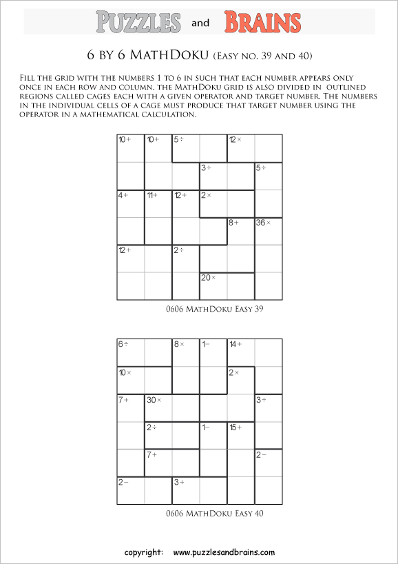 printable 6 by 6 easier level Mathdoku, KenKen-like, math puzzles for young and old