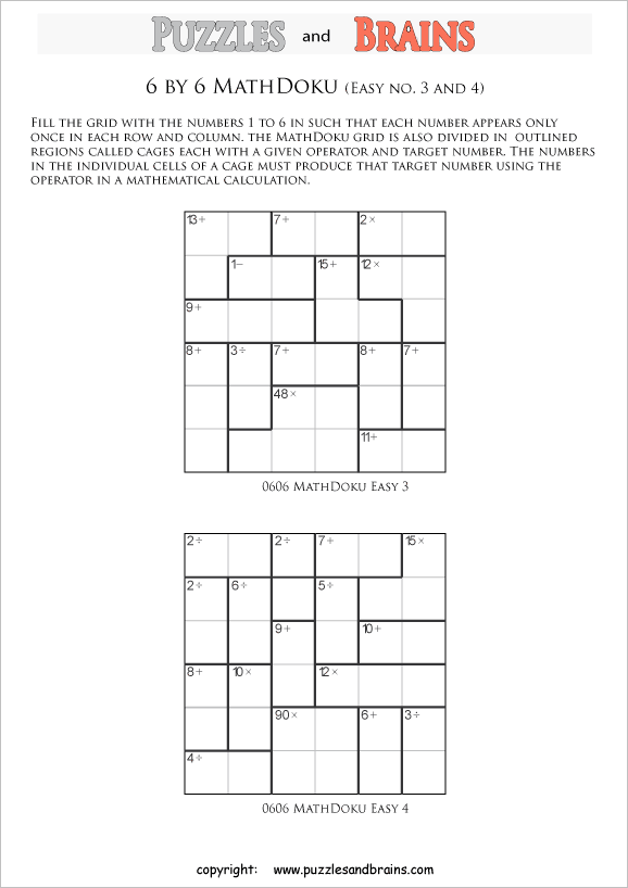 printable 6 by 6 easier level Mathdoku, KenKen-like, math puzzles for young and old