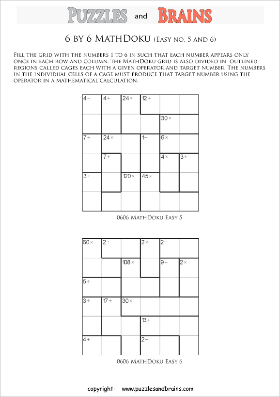 printable 6 by 6 easier level Mathdoku, KenKen-like, math puzzles for young and old