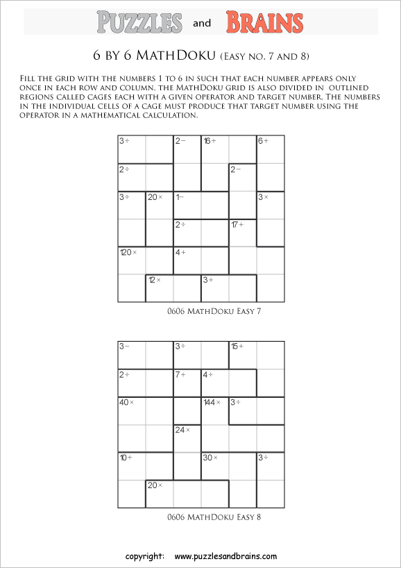 printable 6 by 6 easier level Mathdoku, KenKen-like, math puzzles for young and old