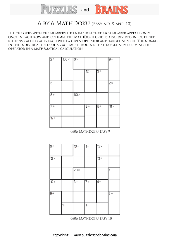 printable 6 by 6 easier level Mathdoku, KenKen-like, math puzzles for young and old